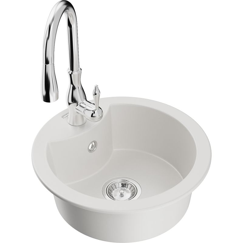 Zlewozmywak granitowy 1-komorowy Mexen Diego z baterią kuchenną Savita biały - 6512-20-672601-70 1 szt.