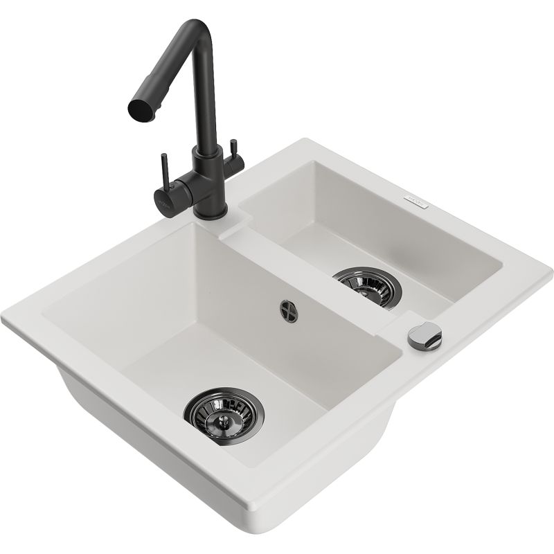 Zlewozmywak granitowy 1.5-komorowy Mexen Carlos z baterią kuchenną Duero czarny - 6518-77-671600-70-B 1 szt.