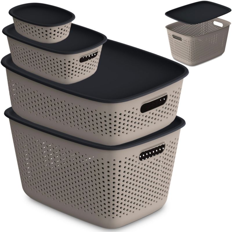 Pojemnik EDANTI Plastikowe Ażurowe Pudełko Z Pokrywą Box 0,8L, 3,5L, 10L, 17L Jasnobrązowe 4 szt.