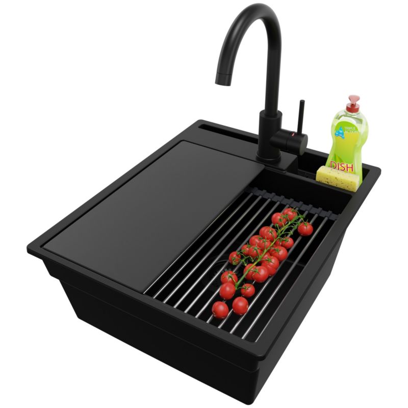 Zlewozmywak Granitowy Oslo Pocket PRIMAGRAN Nablatowy 43x53cm do szafki od 45cm z Syfonem i Baterią i Dodatkiem Cały Czarny 1 szt.