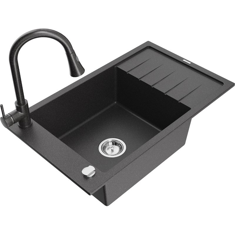 Zlewozmywak granitowy 1-komorowy Mexen Elias z ociekaczem i baterią kuchenną Elia czarny nakrapiany - 6511-76-670101-00 1 szt.