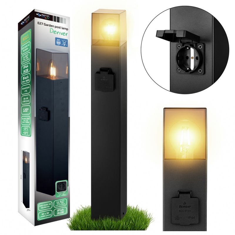 Lampa ogrodowa LED MasterLED Denver E27 60cm IP44 IK08 z gniazdem czarna 1 szt.