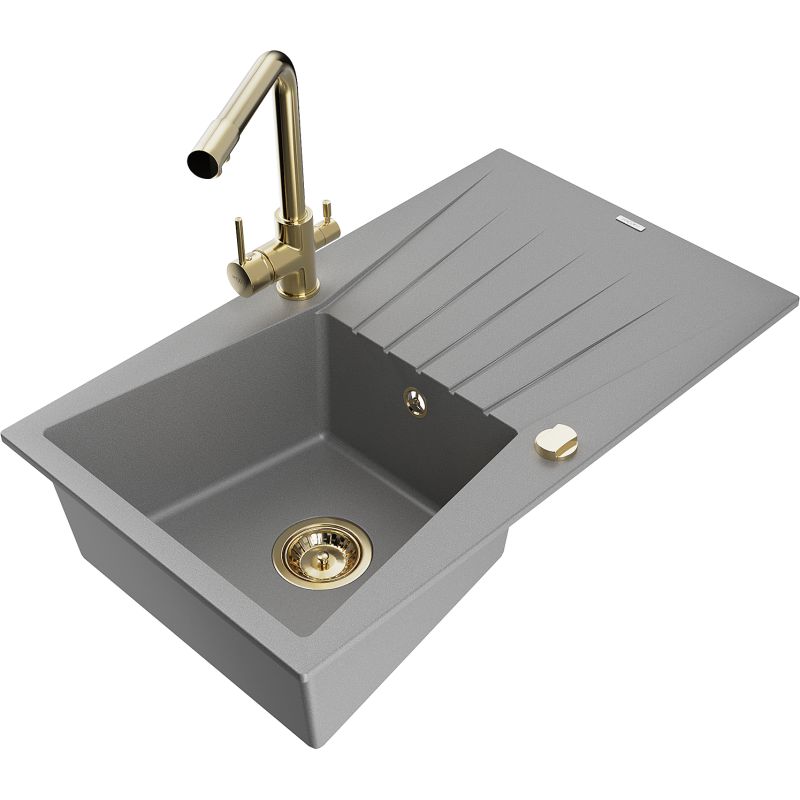 Zlewozmywak granitowy 1-komorowy Mexen Cesar z ociekaczem i baterią kuchenną Duo beżowy - 6514-69-671701-70-B 1 szt.