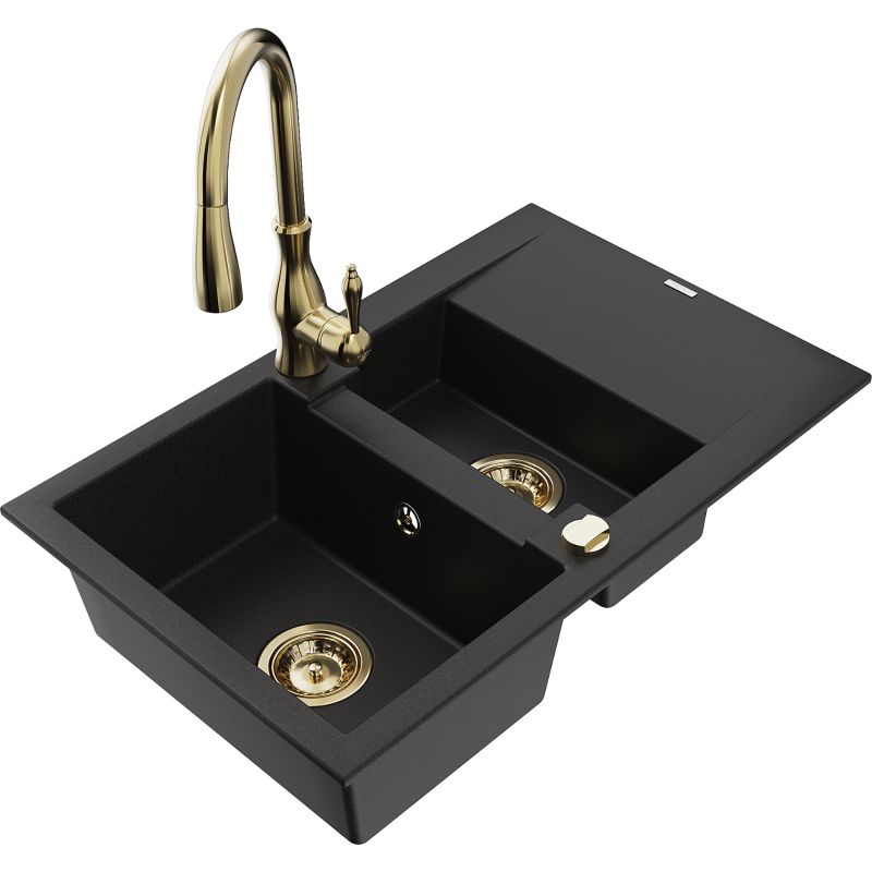 Zlewozmywak granitowy 1.5-komorowy Mexen Gaspar z ociekaczem i baterią kuchenną Savita czarny 6507-77-672601-50