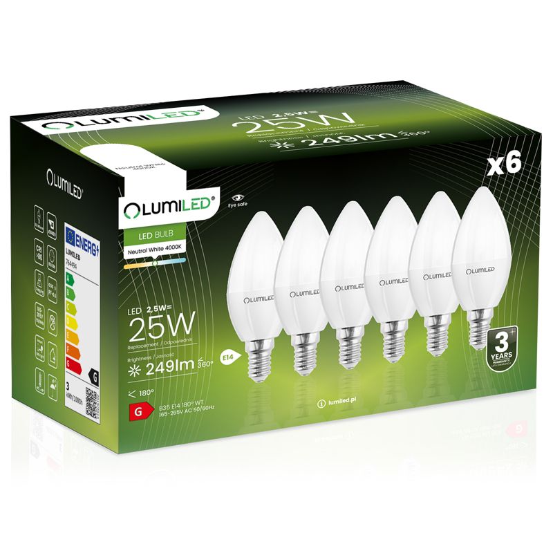 Żarówka LED LUMILED E14 B35 2,5W 249lm 4000K 180st 6 szt.