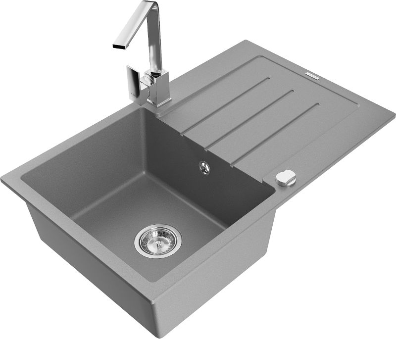 Zlewozmywak granitowy Mexen Bruno 1-komorowy z ociekaczem i baterią kuchenną Rita szary 6513-71-670300-00