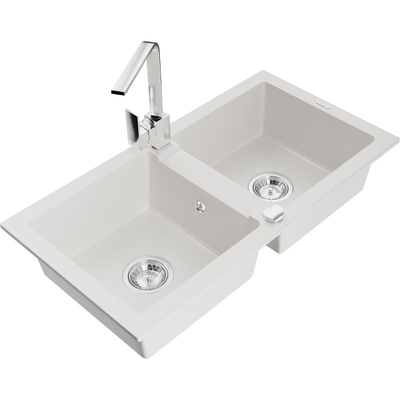 Zlewozmywak granitowy 2-komorowy Mexen Mario z baterią kuchenną Rita biały 6504-20-670300-00