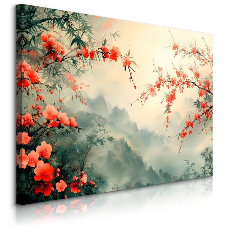 Obraz Muralo Kwiaty Góry We Mgle Natura Styl Japoński 70x50 cm 1szt.