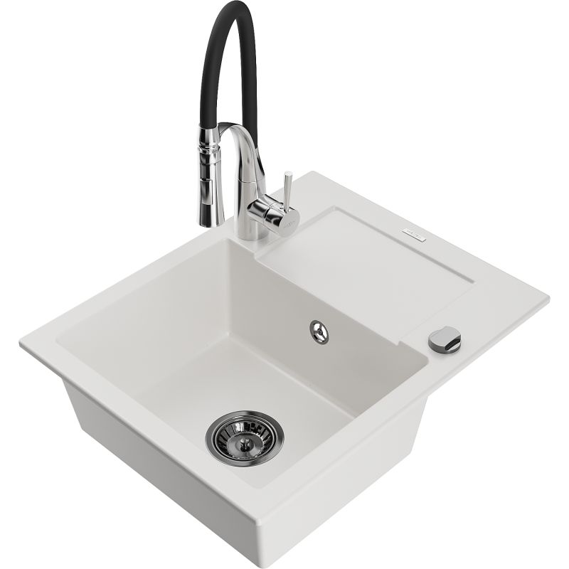 Zlewozmywak granitowy 1-komorowy Mexen Enzo z ociekaczem i baterią kuchenną Aster biały 6506-20-73450-07-B