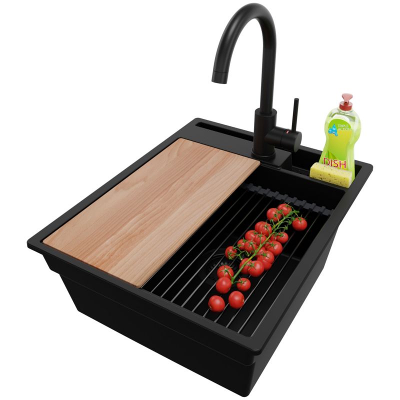 Zlewozmywak Granitowy Oslo Pocket PRIMAGRAN Nablatowy 43x53cm, Cały Czarny + Bateria + Syfon + Akcesorium, S114, 1 szt.