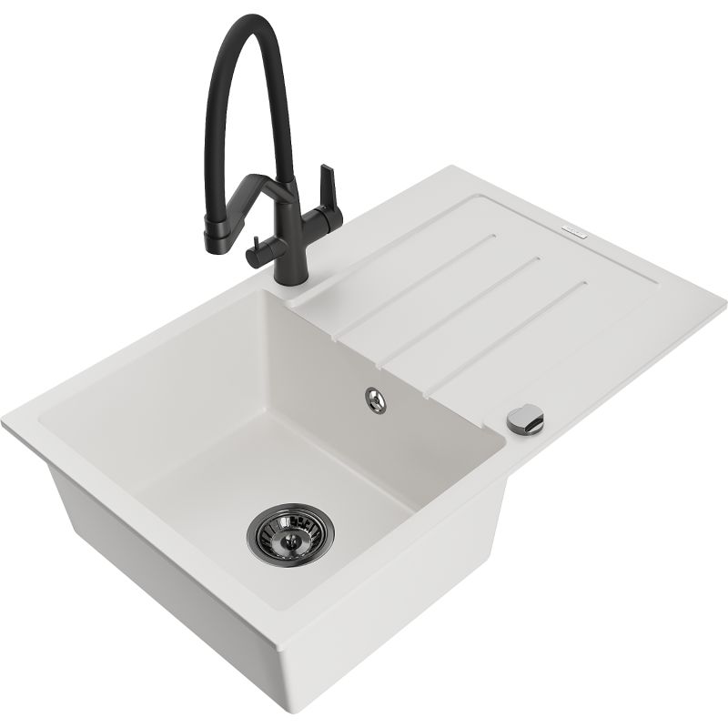 Zlewozmywak granitowy 1-komorowy Mexen Bruno z ociekaczem i baterią kuchenną Duo czarny - 6513-77-671701-70-B 1 szt.