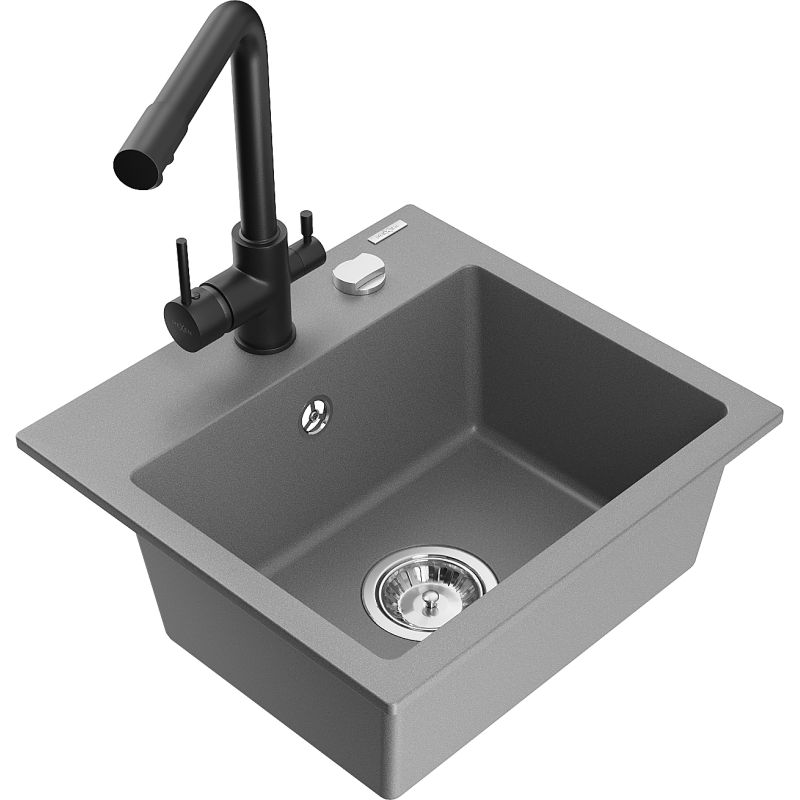 Zlewozmywak granitowy 1-komorowy Mexen Milo z baterią kuchenną Duero szary 6505-71-671600-70