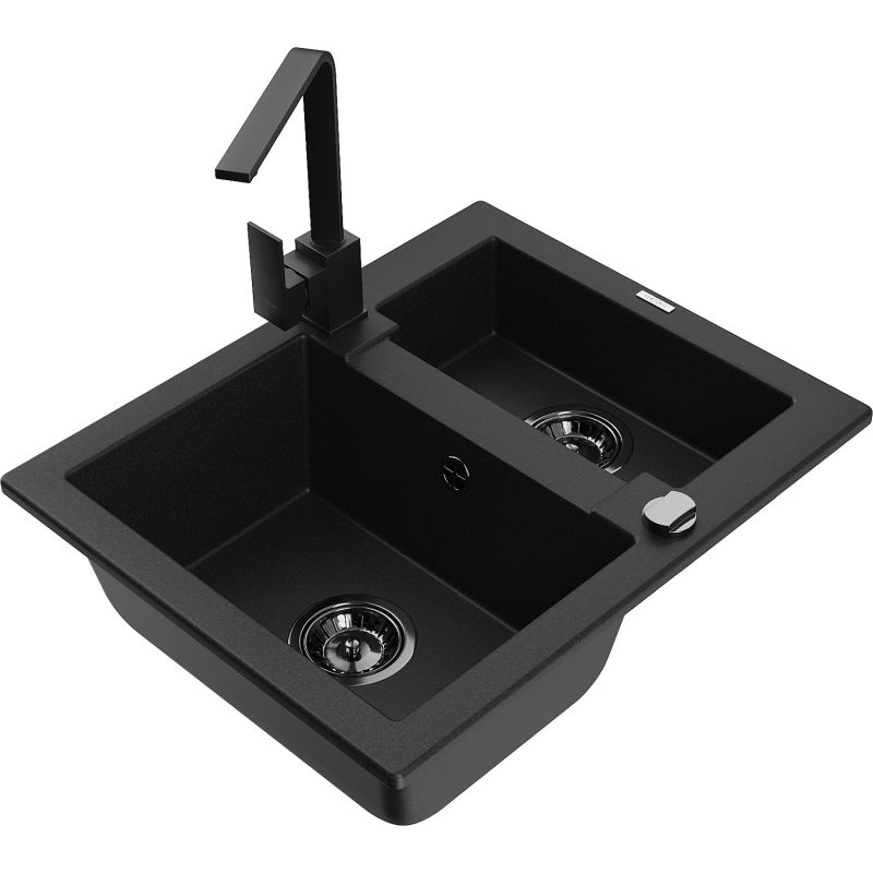 Zlewozmywak granitowy 1.5-komorowy Mexen Carlos z baterią kuchenną Rita czarny - 6518-77-670300-50-B 1 szt.