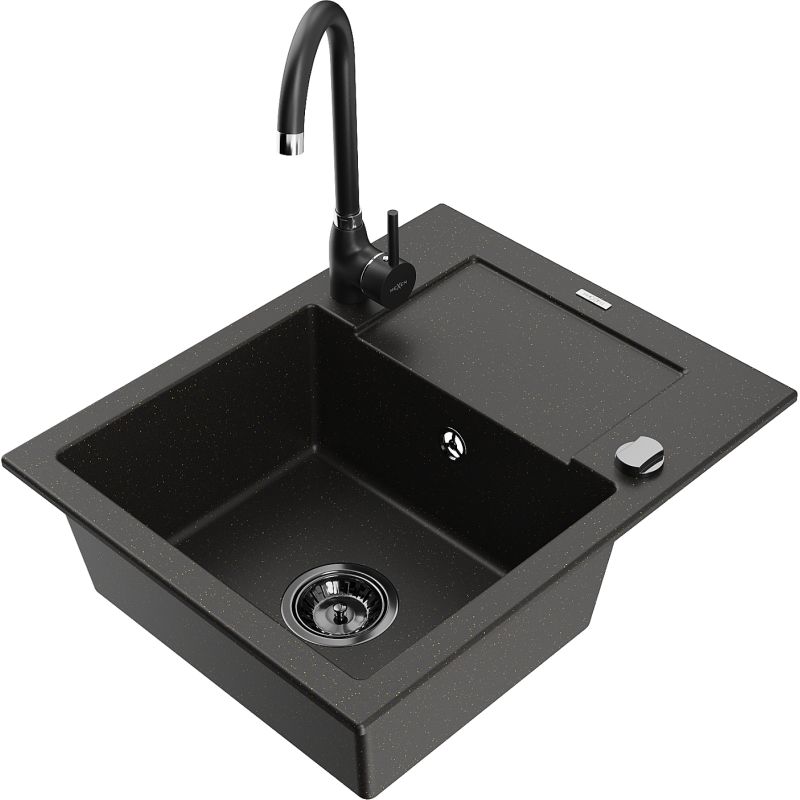 Zlewozmywak granitowy 1-komorowy Mexen Enzo z ociekaczem i baterią kuchenną Telma czarny/złoty 6506-75-670200-70-B