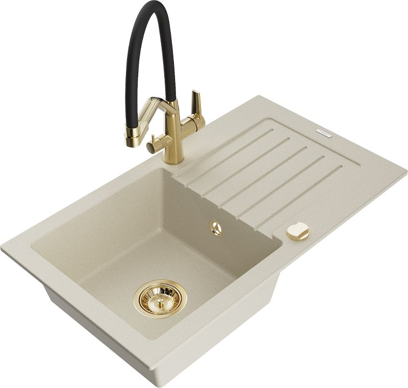 Zlewozmywak granitowy Mexen Pablo 1-komorowy z ociekaczem i baterią kuchenną Duo beżowy 6510-69-671701-57-G