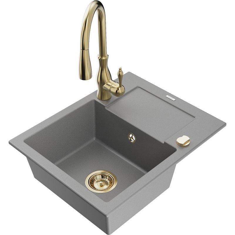 Zlewozmywak granitowy 1-komorowy Mexen Enzo z ociekaczem i baterią kuchenną Savita szary 6506-71-672601-50