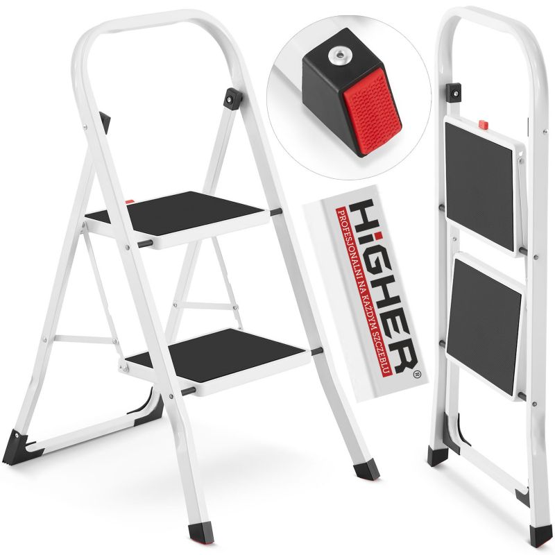 Drabina 2 stopniowa składana stalowa drabinka schodki 2 stopnie z matą HIGHER białe 1 szt.
