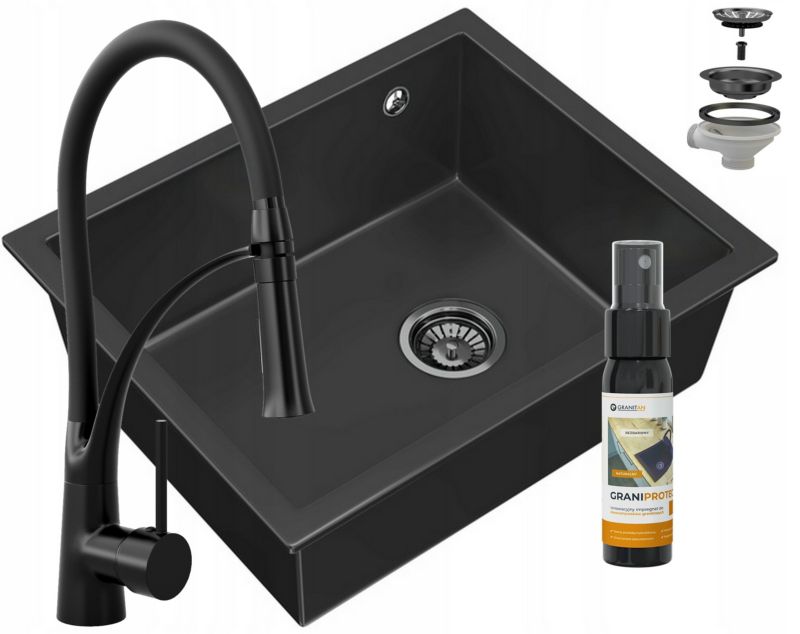 Zlewozmywak Granitowy Granitan Salix Podwieszany z Syfonem i Baterią Nexo 1kpl.