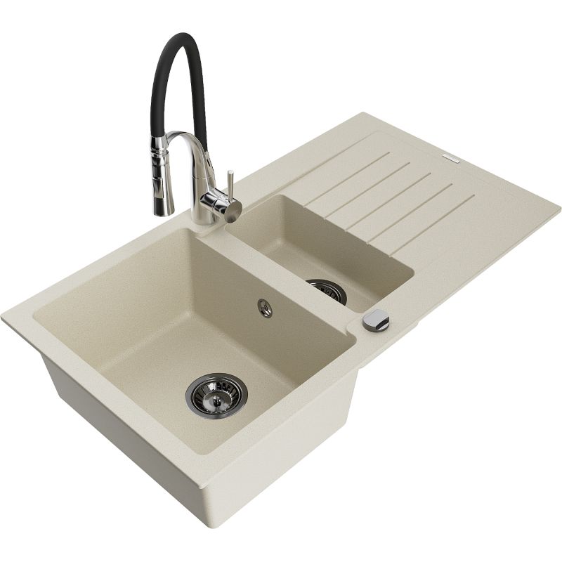 Zlewozmywak granitowy 1.5-komorowy Mexen Matias z ociekaczem i baterią kuchenną Aster beżowy 6502-69-73450-07-B