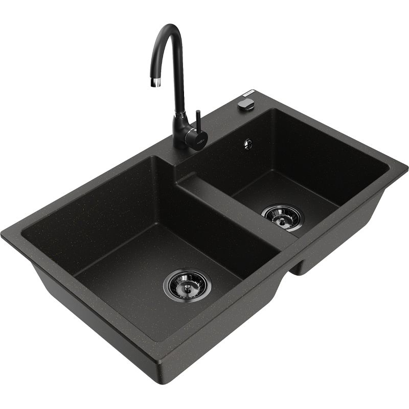 Zlewozmywak granitowy 2-komorowy Mexen Tomas z baterią kuchenną Telma szary - 6516-71-670200-70 1 szt.