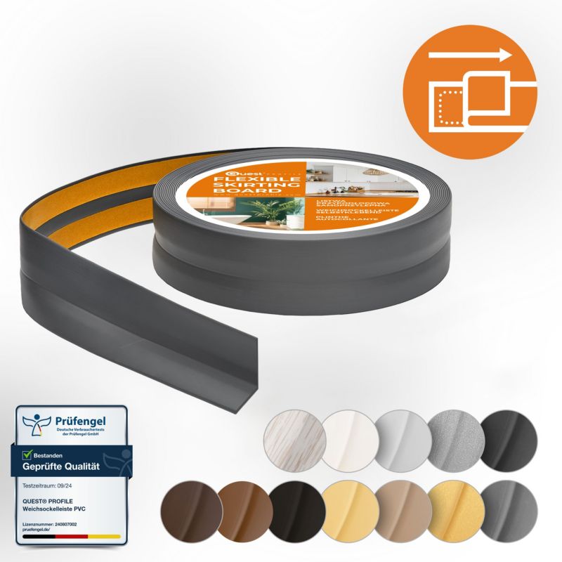 Listwa wykończeniowa PCV 15x15mm, QUEST, samoprzylepna, elastyczna, miękka taśma dekoracyjna, grafit, 15m