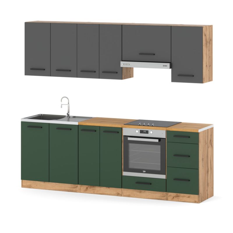Zestaw Kuchenny Hurtownia-Mebli Z Blatem Kuchnia Mokka Plus 240cm Dąb Wotan Szary Mat/Butelkowa Zieleń 240x47x145 cm 1szt.