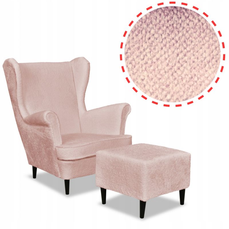 Fotel uszak do salonu z podnóżkiem Family Meble Bella pudrowy róż 1szt