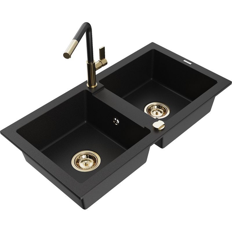 Zlewozmywak granitowy 2-komorowy Mexen Mario z baterią kuchenną Flora czarny - 6504-77-670401-70-B 1 szt.