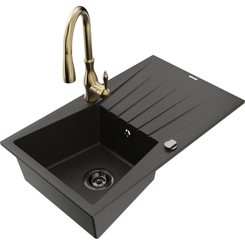 Zlewozmywak granitowy 1-komorowy Mexen Cesar z ociekaczem i baterią kuchenną Savita czarny/złoty metalik 6514-75-672601-50-B