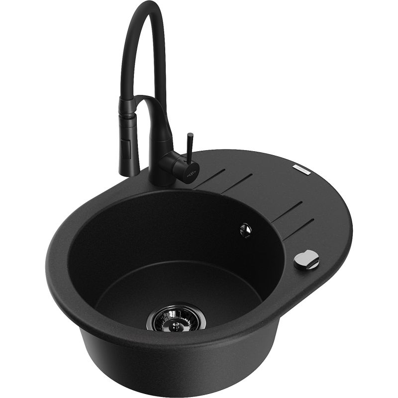 Zlewozmywak granitowy 1-komorowy Mexen Kevin z ociekaczem i baterią kuchenną Aster czarny - 6517-77-73450-07-B 1 szt.