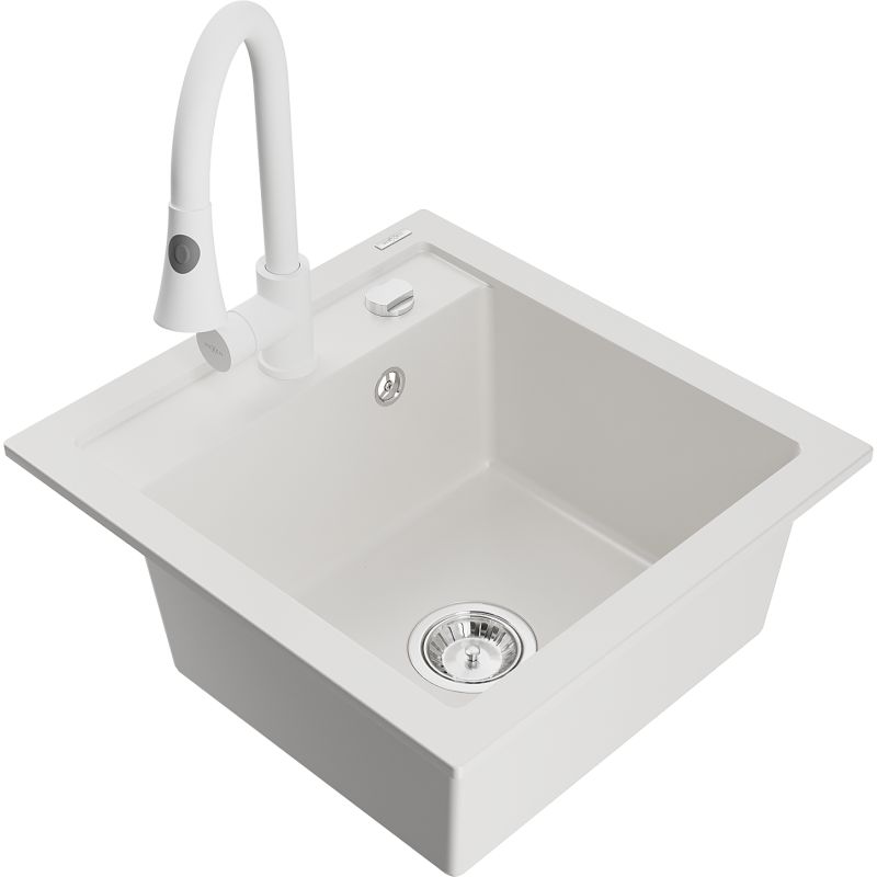 Zlewozmywak granitowy 1-komorowy Mexen Vito z baterią kuchenną Elia biały 6503-20-670101-20