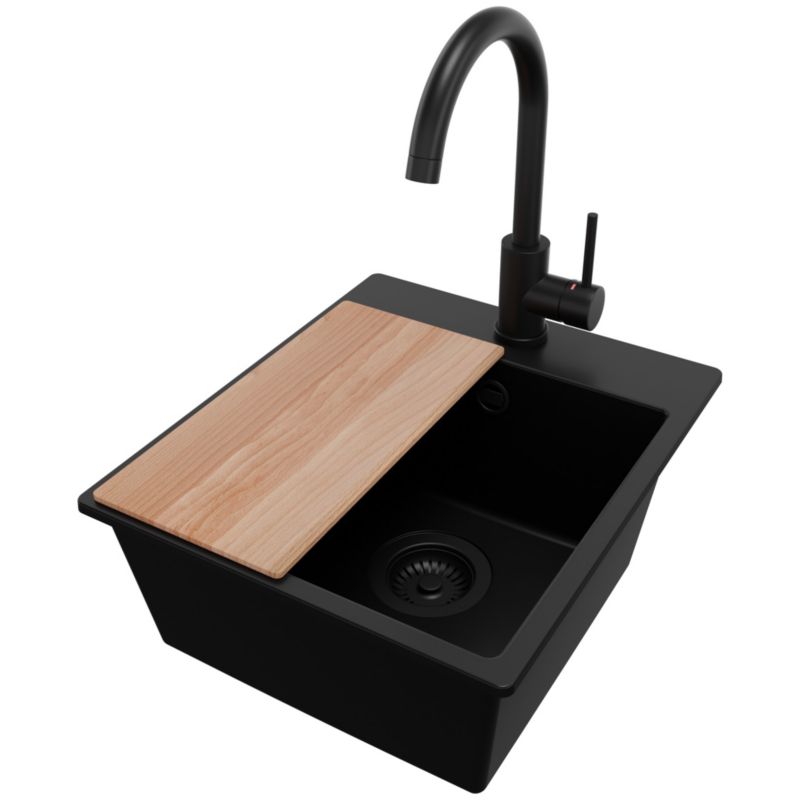 Zlewozmywak Granitowy Ryga Easy PRIMAGRAN Nablatowy 38x44cm do szafki od 40cm z Syfonem i Baterią i Dodatkiem Cały Czarny 1 szt.