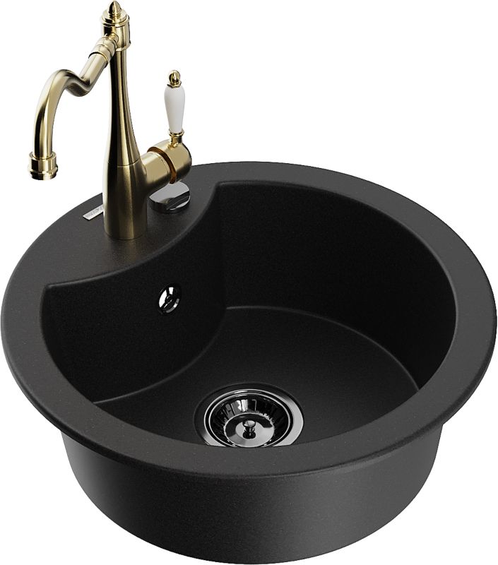 Zlewozmywak granitowy Mexen Diego 1-komorowy z baterią kuchenną Carla czarny 6512-77-670700-50-B