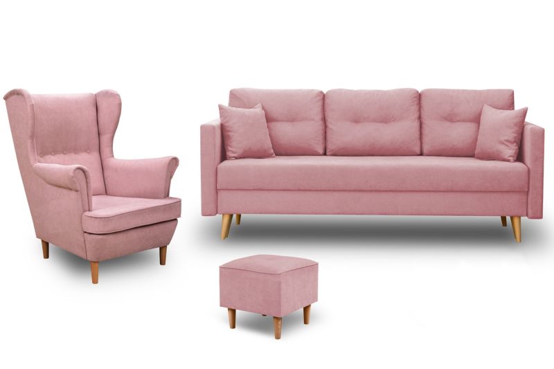 Zestaw skandynawski sofa fotel podnóżek Bonni Lahti/Denver Różowy 1 szt.