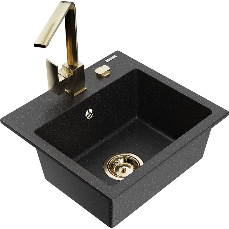 Zlewozmywak granitowy 1-komorowy Mexen Milo z baterią kuchenną Rita czarny/złoty metalik - 6505-75-670300-70-B 1 szt.