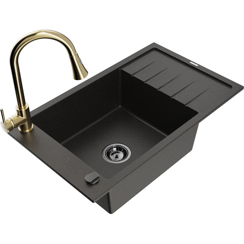 Zlewozmywak granitowy 1-komorowy Mexen Elias z ociekaczem i baterią kuchenną Elia czarny/złoty metalik 6511-75-670101-50-B