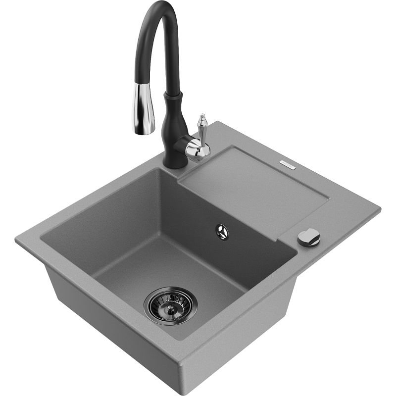 Zlewozmywak granitowy 1-komorowy Mexen Enzo z ociekaczem i baterią kuchenną Savita szary 6506-71-672601-70-B