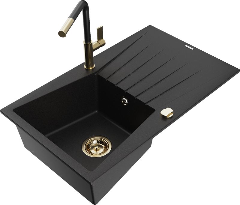 Zlewozmywak granitowy Mexen Cesar 1-komorowy z ociekaczem i baterią kuchenną Flora czarny - 6514-77-670401-00 1 szt.