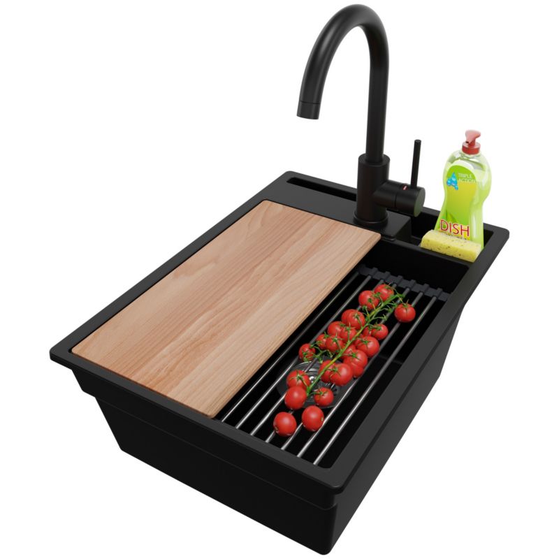 Zlewozmywak Granitowy Oslo Pocket PRIMAGRAN Nablatowy 38x53cm, Czarny + Bateria + Syfon + Akcesorium, S041, 1 szt.