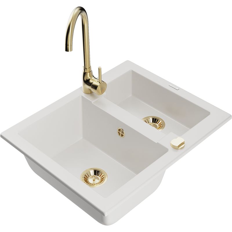 Zlewozmywak granitowy 1.5-komorowy Mexen Carlos z baterią kuchenną Telma biały 6518-20-670200-50