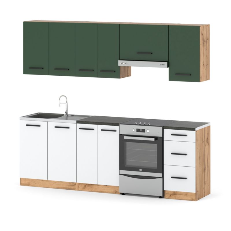 Zestaw Kuchenny Hurtownia-Mebli Z Blatem Kuchnia Mokka 240cm Dąb Wotan Butelkowa Zieleń/Biały Mat 240x47x145 cm 1szt.