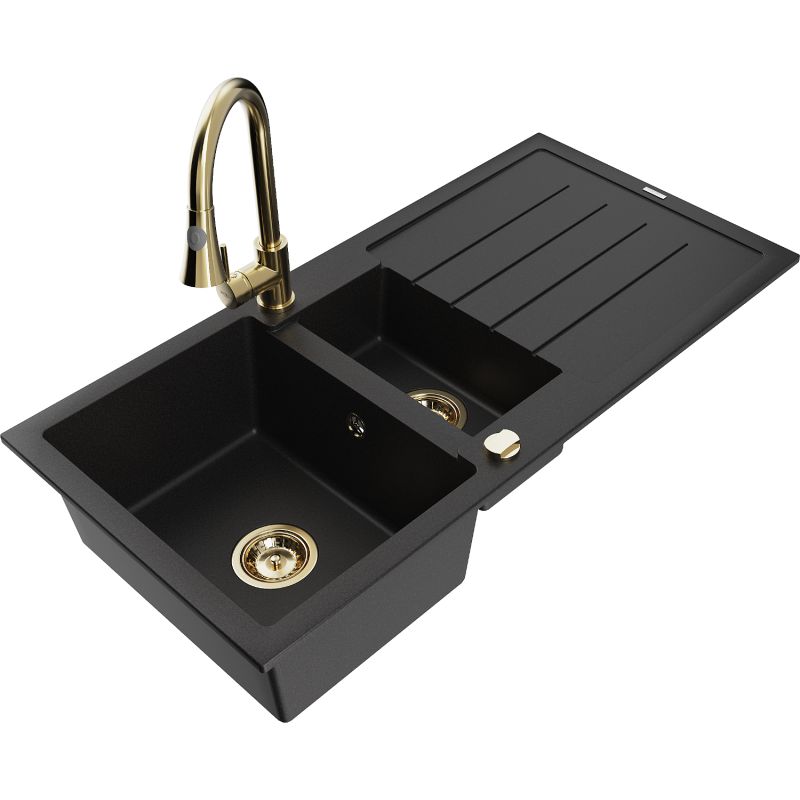 Zlewozmywak granitowy 1.5-komorowy Mexen Andres z ociekaczem i baterią kuchenną Elia czarny nakrapiany - 6515-76-670101-76 1 szt.