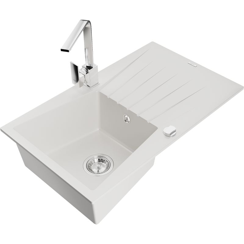 Zlewozmywak granitowy 1-komorowy Mexen Cesar z ociekaczem i baterią kuchenną Rita biały 6514-20-670300-00