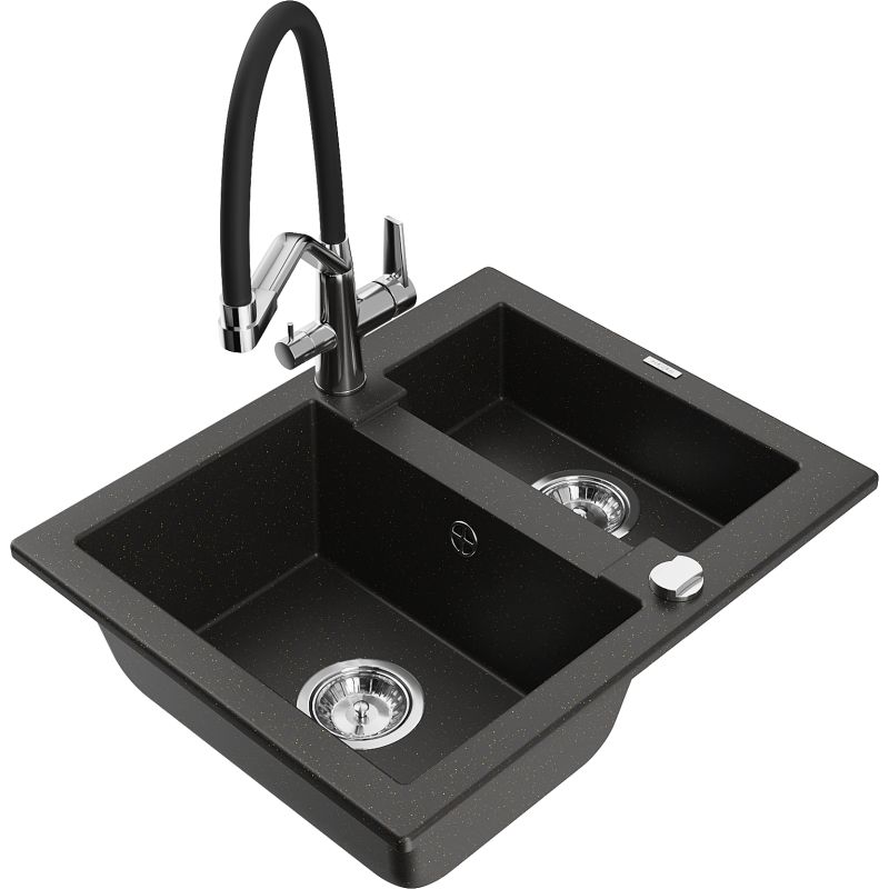 Zlewozmywak granitowy 1.5-komorowy Mexen Carlos z baterią kuchenną Duo czarny/złoty metalik 6518-75-671701-07