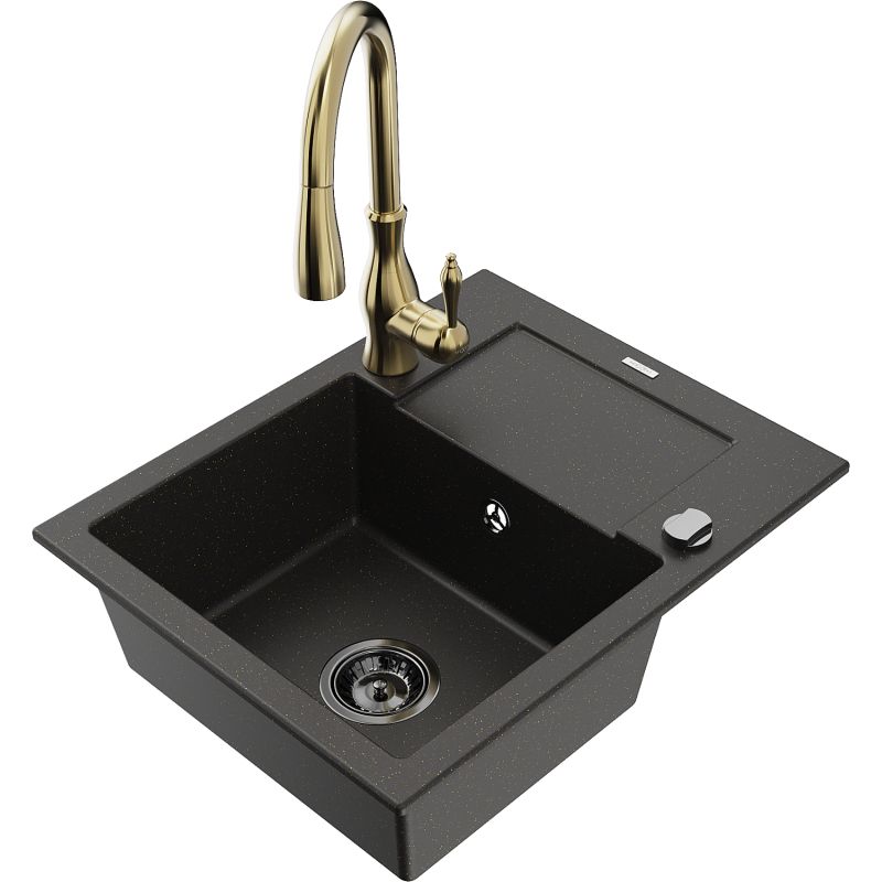 Zlewozmywak granitowy 1-komorowy Mexen Enzo z ociekaczem i baterią kuchenną Savita czarny/złoty metalik 6506-75-672601-50-B