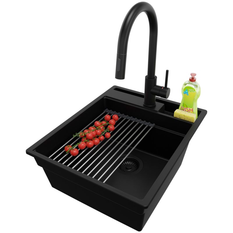 Zlewozmywak Granitowy Oslo Pocket PRIMAGRAN Nablatowy 43x53cm do szafki od 45cm z Syfonem i Baterią i Dodatkiem Cały Czarny 1 szt.