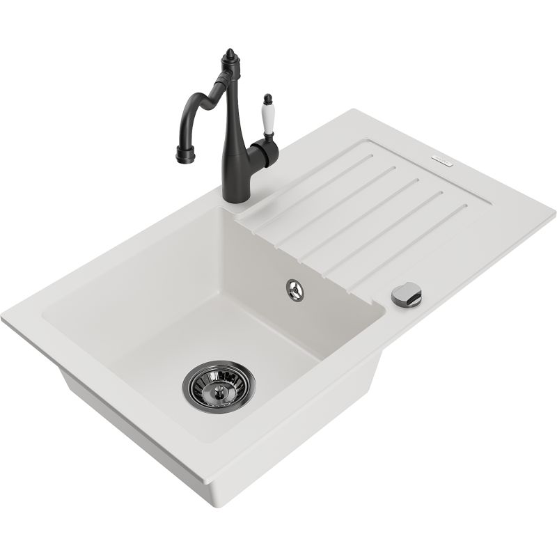 Zlewozmywak granitowy 1-komorowy Mexen Pablo z ociekaczem i baterią kuchenną Carla czarny - 6510-77-670700-70 1 szt.