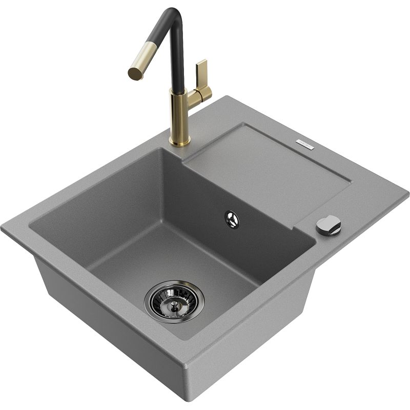 Zlewozmywak granitowy 1-komorowy Mexen Enzo z ociekaczem i baterią kuchenną Flora szary 6506-71-670401-57-B