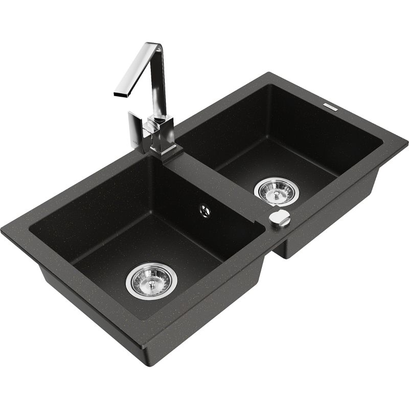 Zlewozmywak granitowy 2-komorowy Mexen Mario z baterią kuchenną Rita czarny/złoty metalik 6504-75-670300-00