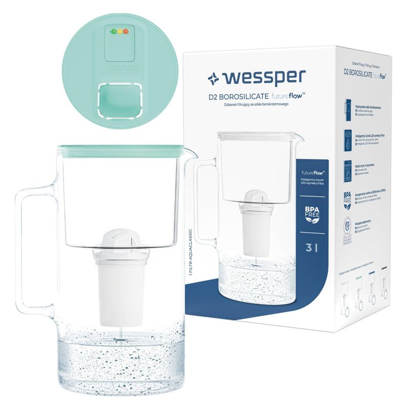 Dzbanek filtrujący do wody 3l, Wessper D2 BOROSILICATE, ze wskaźnikiem LED, szklany, miętowy + 1x filtr wody Aquaclassic, 2szt